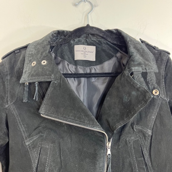 Vero Moda Jeans black suede leather cropped asymmetrical zipper moto jacket L - Picture 13 of 14
